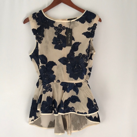Gracia Tops - GRACIA SHEER LACE PEPLUM TOP NAVY/CREAM  L